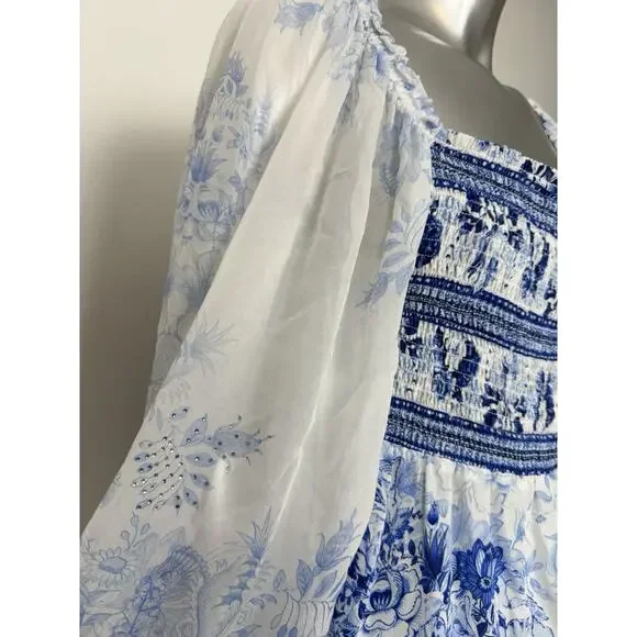 Camilla Silk Blouse Puff Sleeve Blue Floral Women’s Medium - Picture 7 of 10